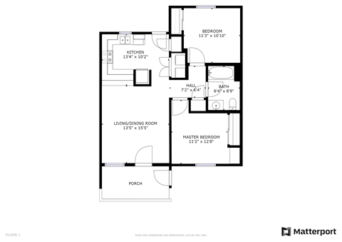 Floor plan for 2 beds, 1 bath, 815 sqft